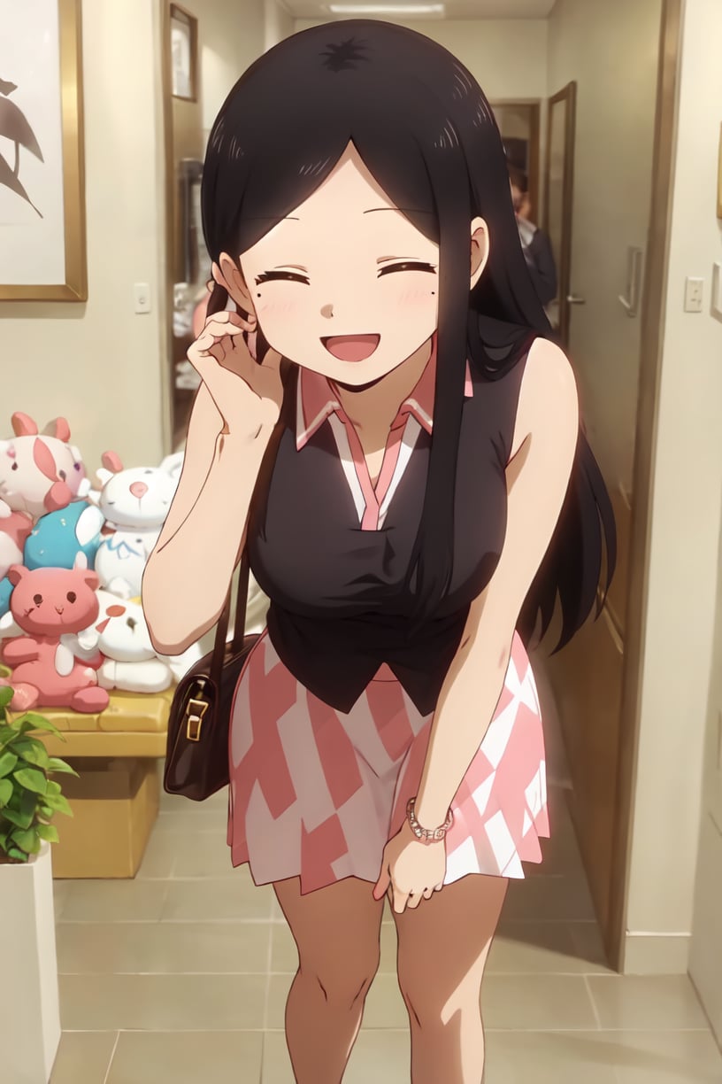 best quality, (masterpiece:1.2), detailed, perfect face, beautiful face,   <lora:Touko-13:0.7>,Touko, 1girl, mole, closed eyes, skirt, mole under eye, bag, long hair, open mouth, black hair, smile, sleeveless, handbag, high heels, stuffed toy, solo, phone, stuffed animal, leaning forward, sleeveless shirt, shirt, :d, sandals, holding, standing, indoors, pink skirt