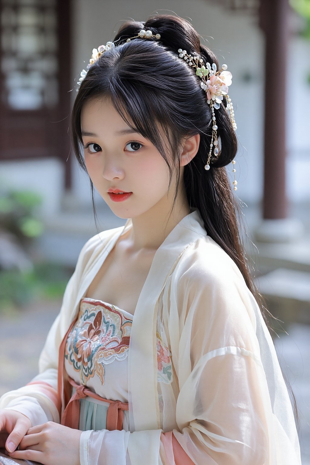 A young East Asian woman,  appearing to be in her late teens or early twenties,  is the central subject of the image. She...