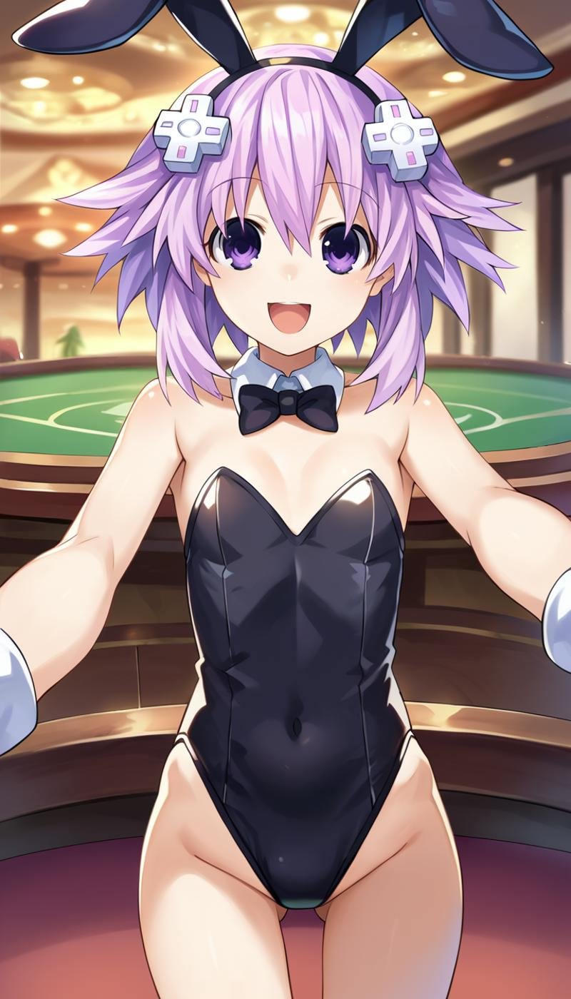 score_9, score_8_up, score_7_up, score_6_up, score_5_up, source_anime, 1girl, solo, purple eyes, purple hair, short hair, sidelocks, d-pad hair ornament, smile, open mouth, flat chest, bunny ears, black playboy bunny, white detached collar, black bowtie, standing, looking at viewer, cowboy shot, pov, dutch angle, indoors, casino,  <lora:Neptune_Neptunia_PonyXL:0.8>, Neptune \(neptunia)\,