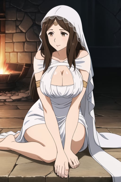 Gwynevere (Dark Souls), 1girl, long brown hair, brown eyes, cleavage, long white dress, long white veil, huge breasts, barefoot, adult woman, perfect anatomy, solo