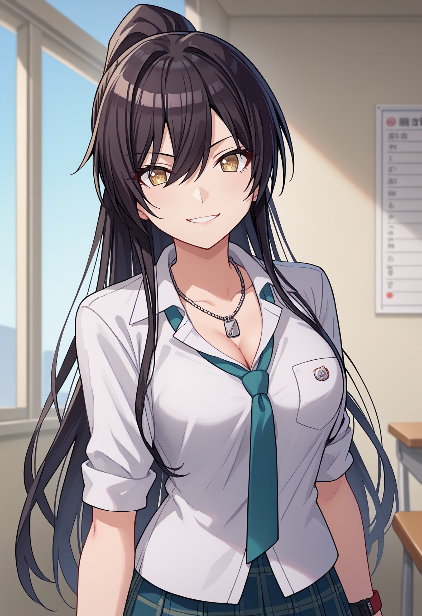 score_9, score_8_up, score_7_up, source_anime, 1girl, solo, shirase sakuya, large breasts, black hair, long hair, high ponytail, yellow eyes, school uniform, white shirt, plaid skirt, green necktie, dog tags, wristwatch, smile, looking at viewer, upper body, indoors <lora:hskc-sakuya-pony-v0.5:1>