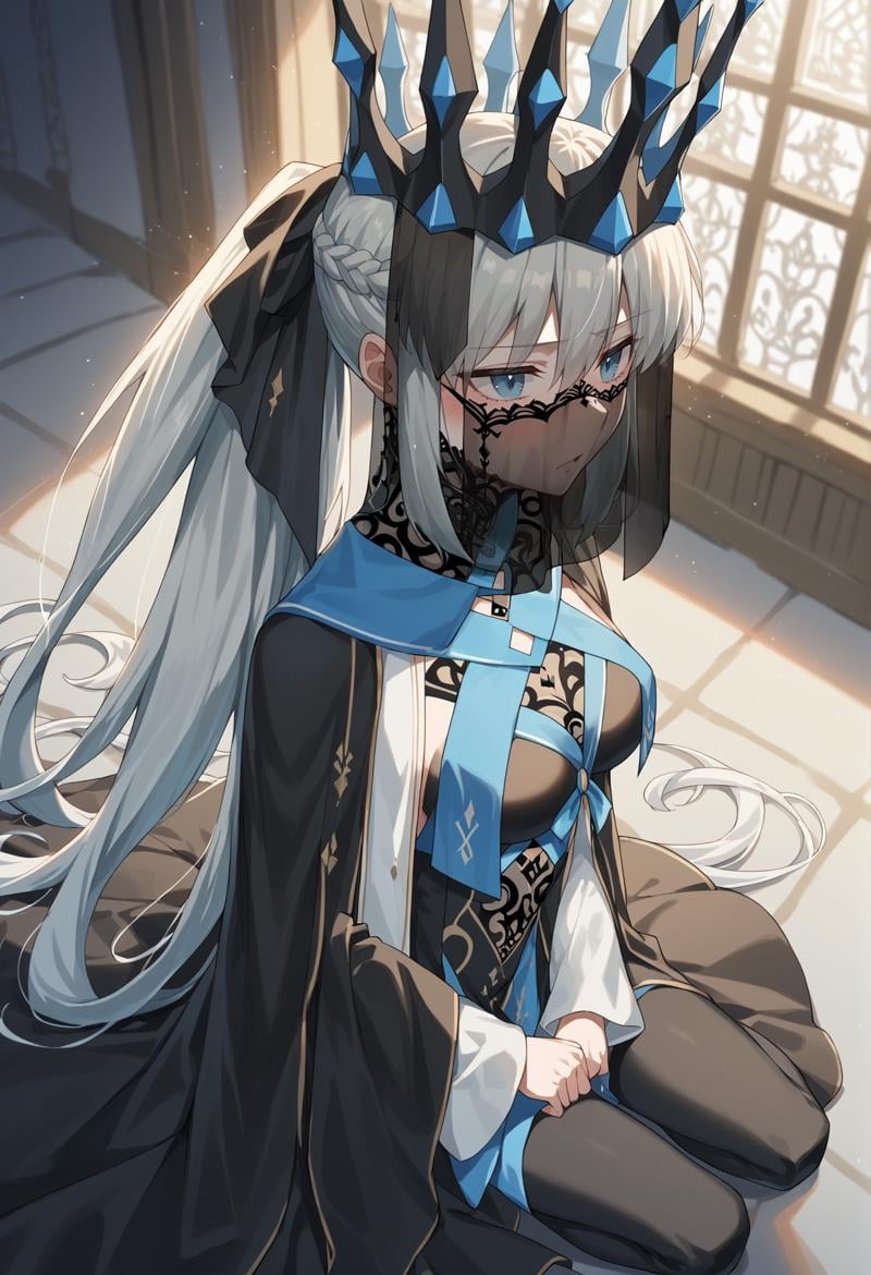 1girl, long hair, grey hair, blue eyes, very long hair, ponytail, Split ponytail, french braid, Crown, (veil) spiked collar, black dress, blushing, kneeling, from above, indoors, castle, chestnut mouth, (face veil. black veil) <lora:Morgan_XL:1>, score_9, score_8_up, score_7_up, score_6_up, score_5_up, score_4_up, BREAK source_anime, masterpiece