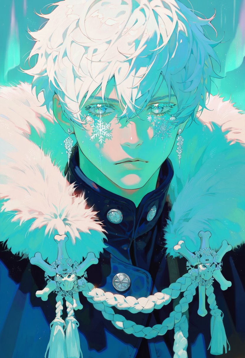 rb0x,  green limited palette,  male with messy white hair with pale blue frost tips by MissFidonyo on Tensor.Art