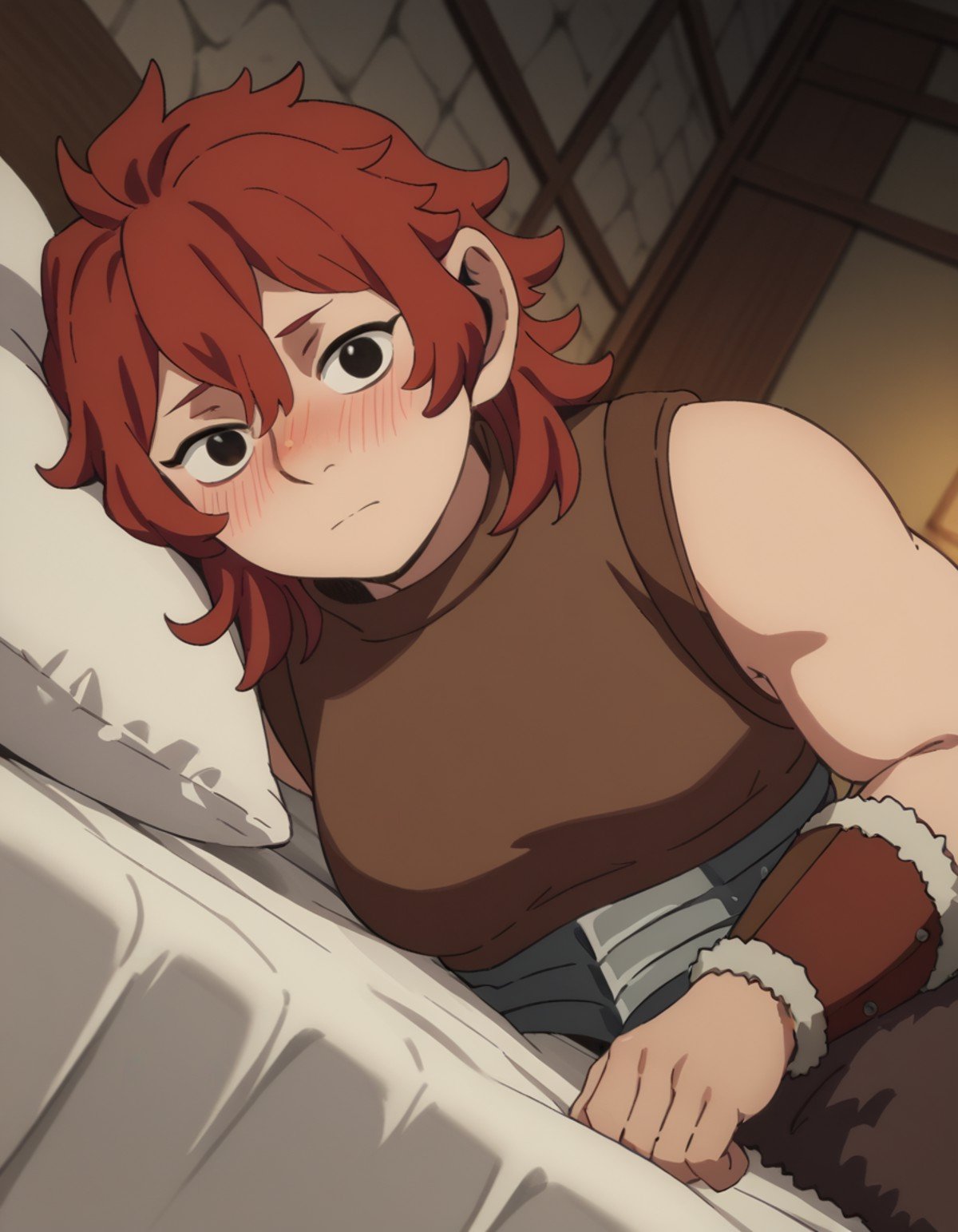 score_9, score_8_up, score_7_up, source_anime,namari, <lora:namari-s1-ponyxl-lora-nochekaiser:1>,namari, hair between eyes, red hair, black eyes, medium hair,sleeveless, armor, turtleneck,indoors, bed, bed room, on side, blush, drunk,looking at viewer, solo, cowboy shot, dutch angle,