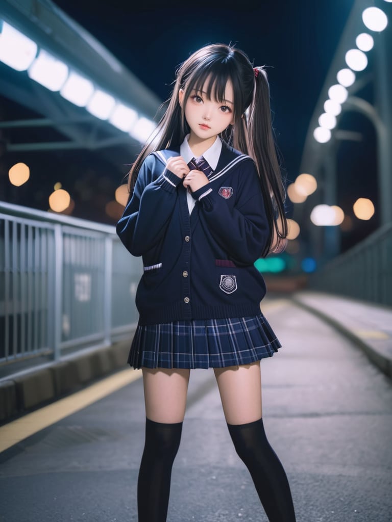 Asian female,young,school uniform,pleated skirt,thigh high socks,cardigan,night scene,long hair,hair ties,standing pose,looking at camera,outdoor,illuminated,bokeh background,street style,fashion,adolescent,dark tones,streetwear,overpass,urban setting,