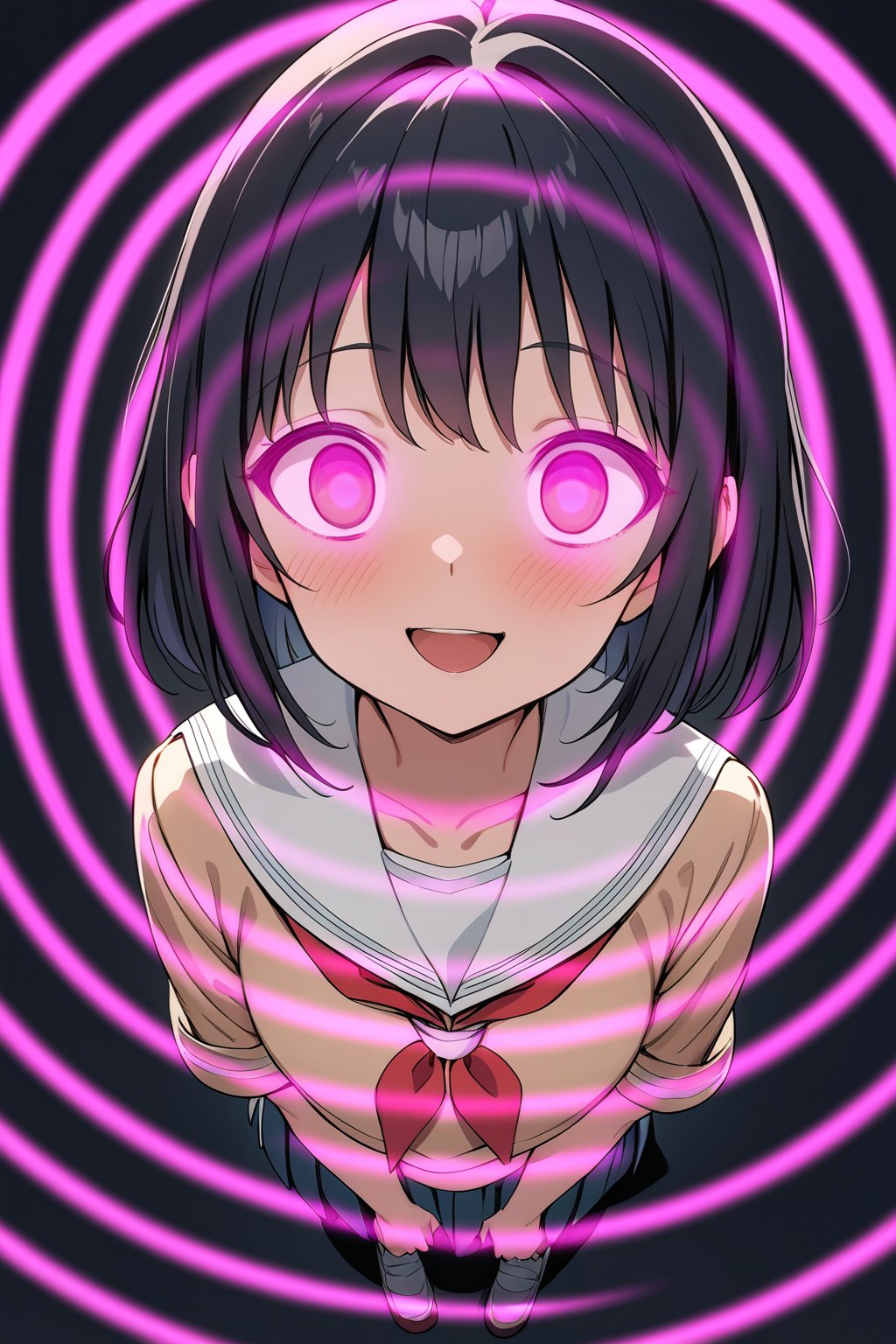 score_9,score_8_up,score_7_up, 1girl,  school uniform, black hair, short hair, serafuku, white sailor collar, red ribbon, <lora:hypno_wave_pony:0.8> hypno wave, glowing eyes, looking at viewer,  black background, open mouth, from above, smile,  blush, 