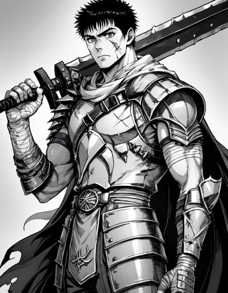 score_9, score_8_up, score_7_up,source_anime,guts (berserk),holding sword,one-handed,sword-over-shoulder,,weapon over shoulder,solo,looking at viewer,short hair,1boy,closed mouth,monochrome,upper body,,greyscale,male focus,,scarf,cape,holding weapon,armor,blood,muscular,scar,bandages,muscular male,shoulder armor,scar on face,serious,injury,breastplate,blood on face,scar on cheek,huge weaponblood on weapon,scar on nose, <lora:sword_over_shoulder:0.8>