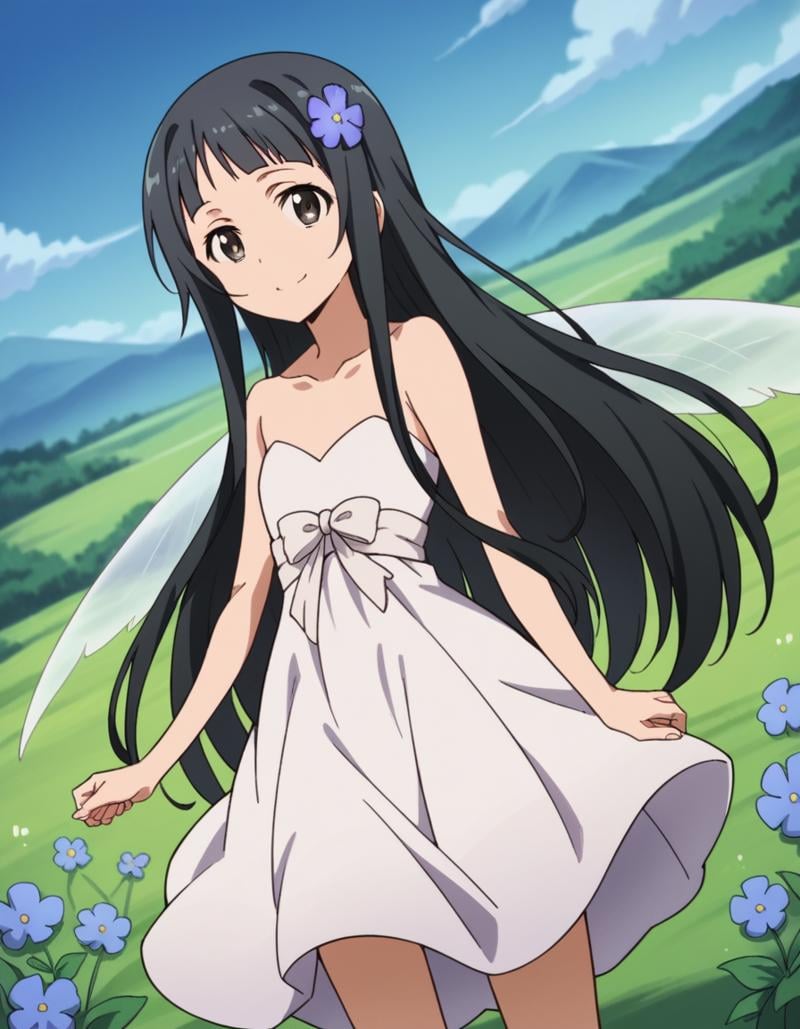 score_9, score_8_up, score_7_up, source_anime,saoyui, <lora:sao-yui-s1-alo-ponyxl-lora-nochekaiser:0.8>,yui, long hair, bangs, black hair, hair ornament, very long hair, flower, hair flower, black eyes,dress, bare shoulders, collarbone, wings, fairy wings, fairy,outdoors, landscape, smile,cowboy shot, looking at viewer, solo, dutch angle,