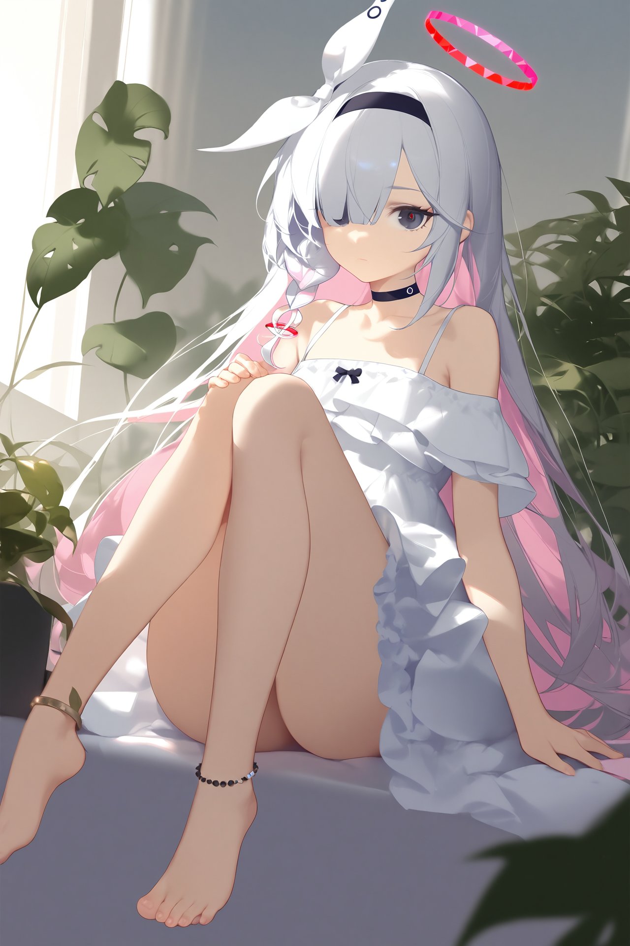 (masterpiece), (best quality), illustration, ultra detailed, hdr, Depth of field, (colorful),loli,[Artist wlop],Artist ask \(askzy\), 1girl, plana \(blue archive\), solo, halo, barefoot, long hair, dress, toes, hair over one eye, hairband, feet, plant, white hair, sitting, looking at viewer, black hairband, pink hair, choker, braid, jewelry, knees up, multicolored hair, white dress, very long hair, closed mouth, colored inner hair, red pupils, legs, black choker, full body, alternate costume, potted plant, anklet, convenient leg, toenails, indoors, frilled dress, single braid, black eyes, bare shoulders, frills, off-shoulder dress, off shoulder, red halo, collarbone, book, bow, hand on own knee, bare legs, ribbon