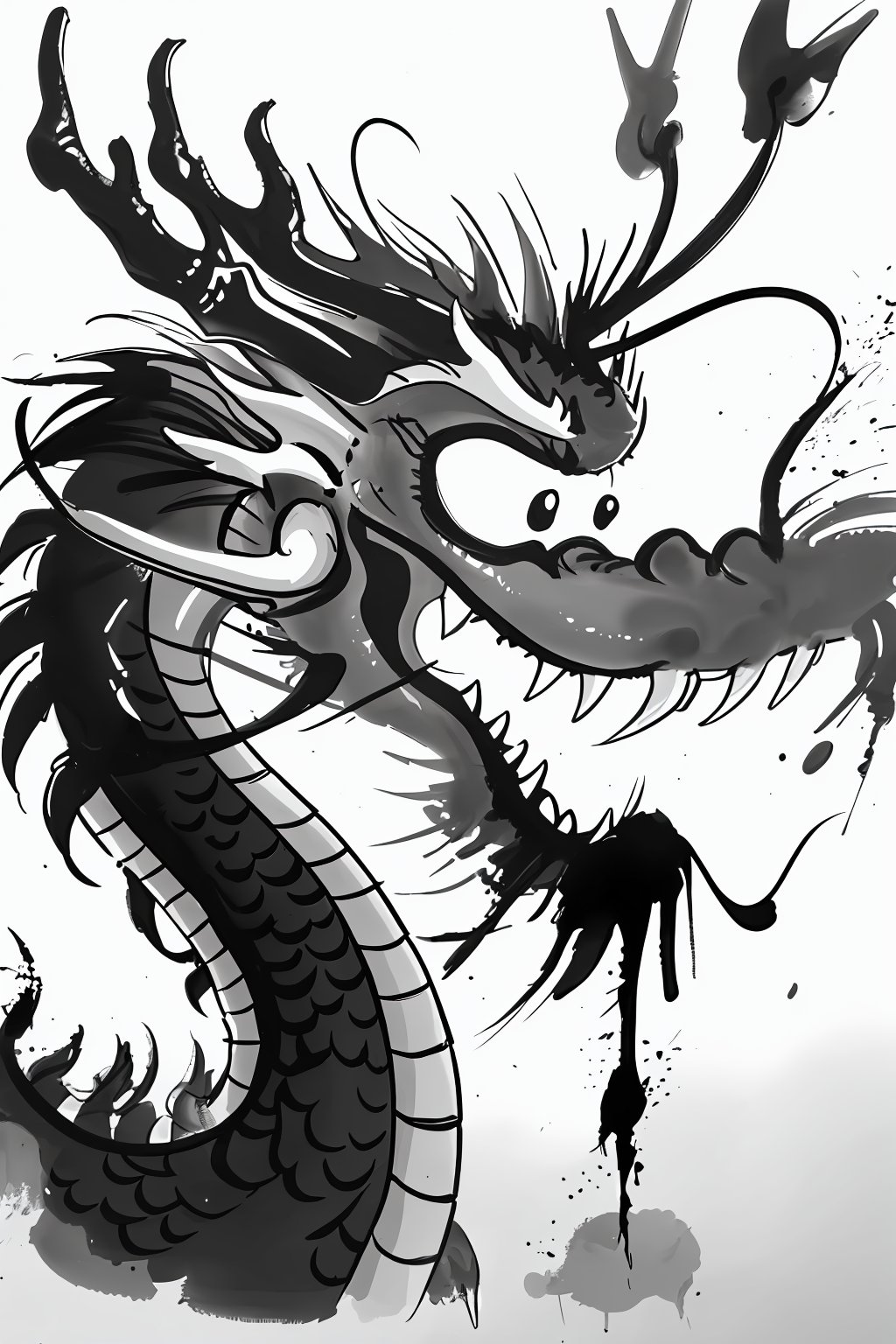 dragon,ink,greyscale,monochrome,cute,<lora:麻袋2024-028潦草龙权重0.5-1:0.7>,