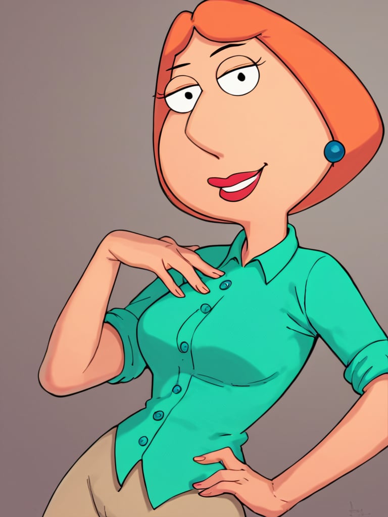 ,score_9, score_8_up, score_7_up,lois, dot pupils, 1girl, blue earrings, jewelry, short hair, solo, lipstick, makeup, orange hair, aqua shirt, beige pants, breasts, flat color, smile,looking at viewer, hand on own hip,  <lora:Loispony1.0:1>