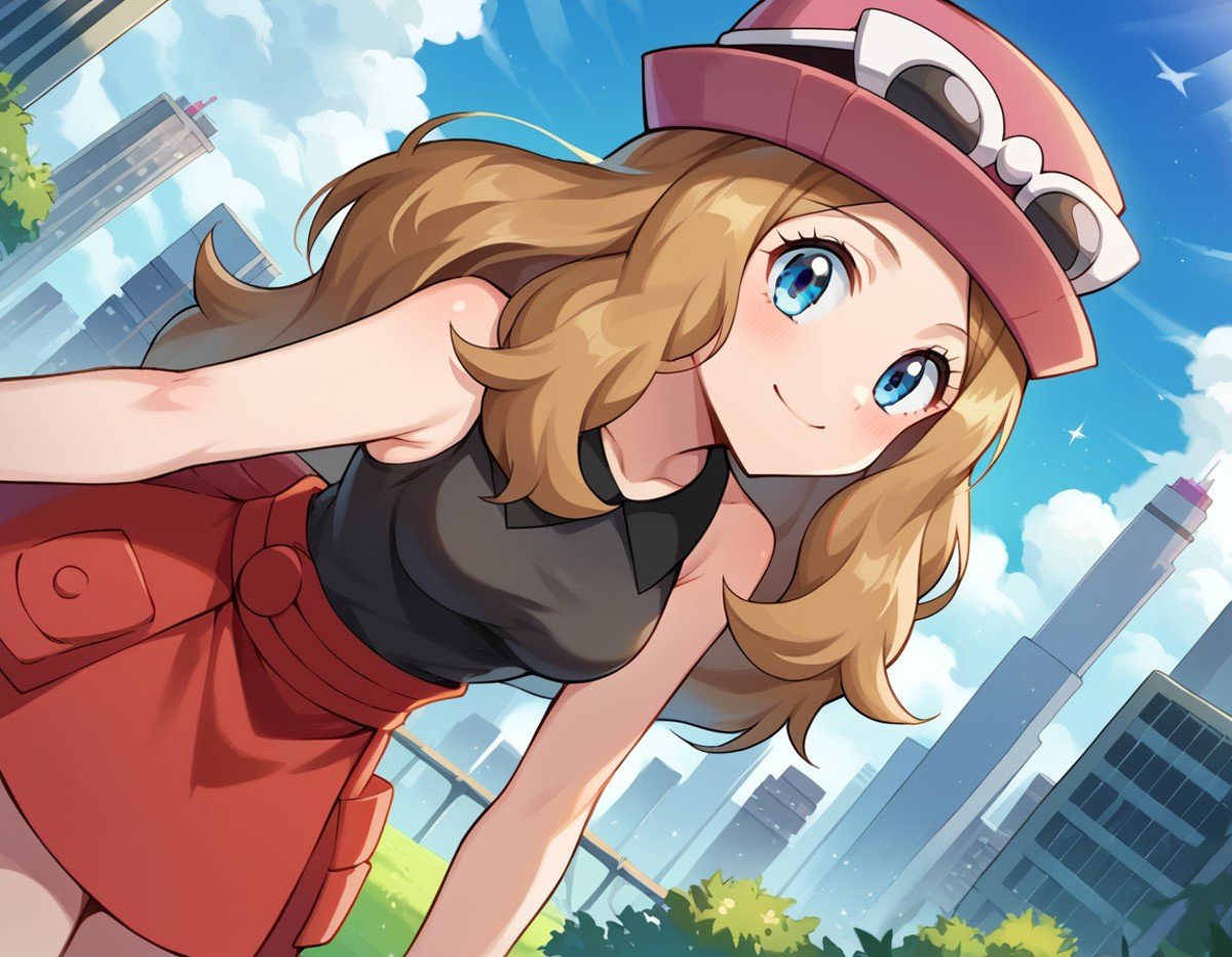 score_9, score_8_up, score_7_up, source_anime,pokemonserena, <lora:pokemon-serena-ponyxl-lora-nochekaiser:1>serena, long hair, blue eyes, brown hair, smile,eyewear on head, hat, skirt, sunglasses, shirt, black shirt, sleeveless, red skirt, pink hat,outdoors, cityscape, bent over,looking at viewer, cowboy shot, dutch angle,