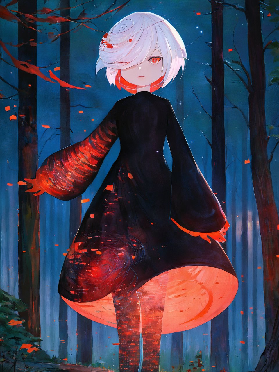 1girl, sageai, (portrait:1.3), standing, long sleeves, black dress, white hair, forest <lora:SageAI-XL:1>