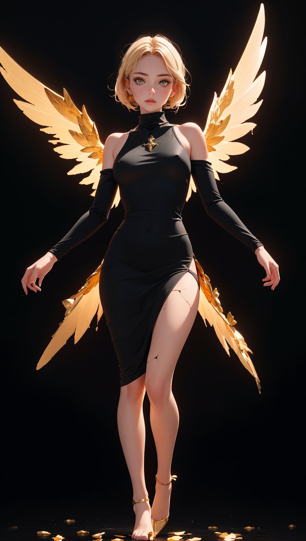 (masterpiece, best quality:1.2),(cracked skin:1.16),crack,rose,flower,gold,1girl,(floating in the air),solo,looking at and facing viewer,white skin,gold eyes,(large dark angel wings attached to back),long black turtleneck dress,<lora:Cracked Skin:0.4>,(dark background),(Full body shot),