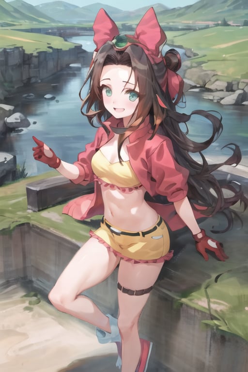 1girl, sthsara, long hair, brown hair, forehead, green eyes, hair bow, jacket, miniskirt, navel, puffy sleeves, short sleeves, smile, looking at viewer, standing, mountain, river, castle <lora:sara_sth-000005:1>