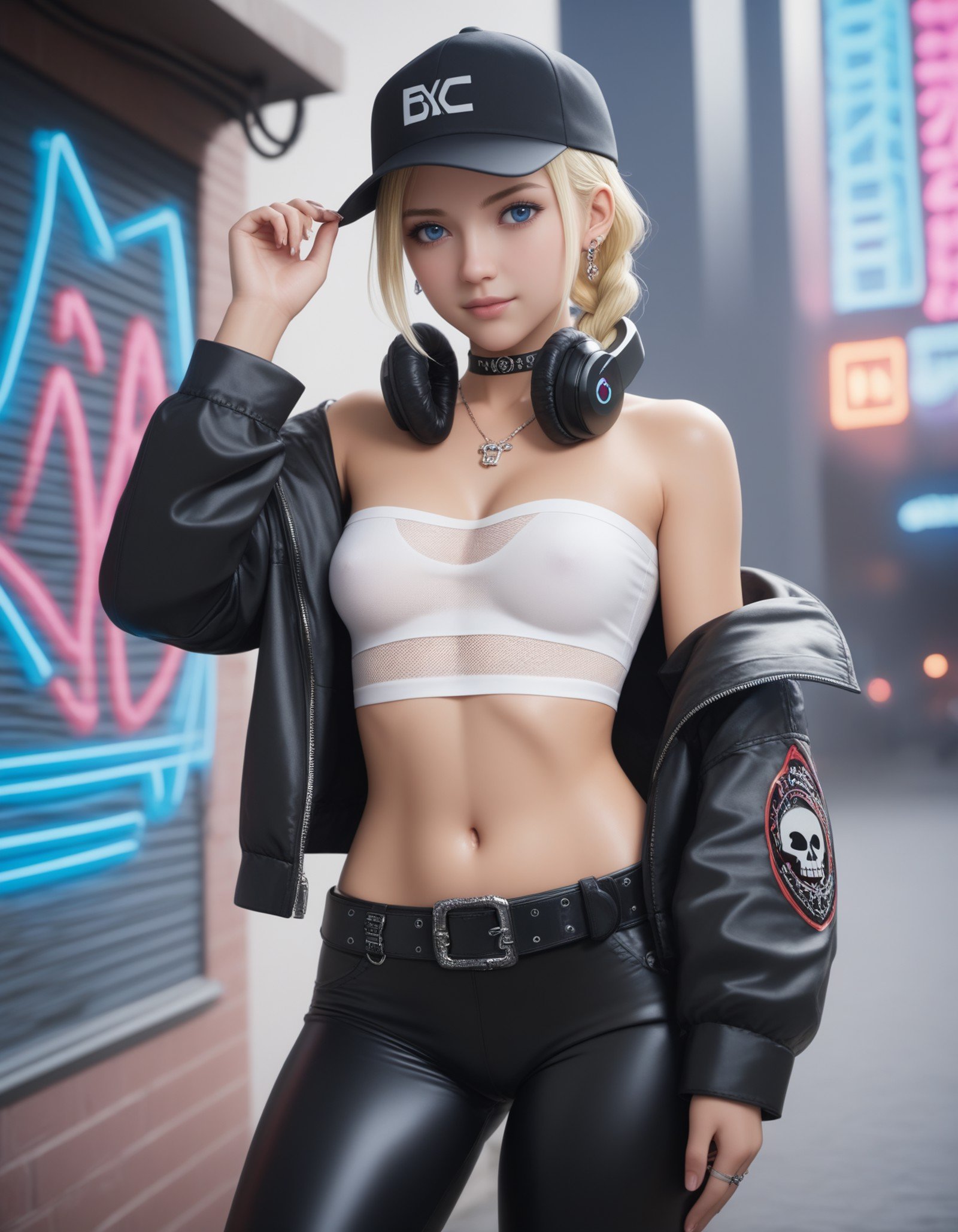 score_9, score_8_up, score_7_up, 1girl, solo,(Best quality,masterpiece,absurdres,ultra realistic:1.2),(blonde hair:1.2), (blue eyes, shiny eyes),single braid hair,(small breasts:1.1),slender,(European:1.1),headphones around neck, baseball cap, ring, jewelry, navel, belt, cleavage, off shoulder,black pants, crop top, black jacket, skeleton, open jacket, necklace, long sleeves,  bare shoulders, white shirt, skull and crossbones, strapless, fishnets, badge, black belt, multicolored, tank top, tube top, choker, humb ring, earrings, underwear, see-through, bandeau, belt buckle, graffiti, neon lights, casual,piercing, cyberpunk, zipper pull tab, fishnet top, contemporary,,Twirling with one hand on the hip,(light smile:0.6),