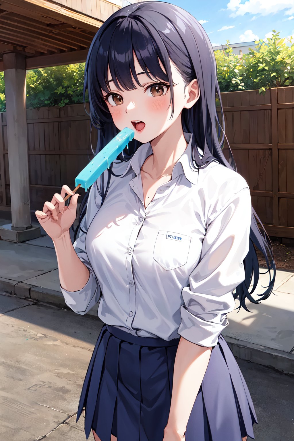 masterpiece, best quality, highres, aaanna, long hair, brown eyes, collarbone, collared shirt, white shirt, sleeves rolled up, pleated skirt, blue skirt, miniskirt, <lora:yamada_anna_v1:0.7>, outdoors, standing, cowboy shot, popsicle, holding, food, open mouth,