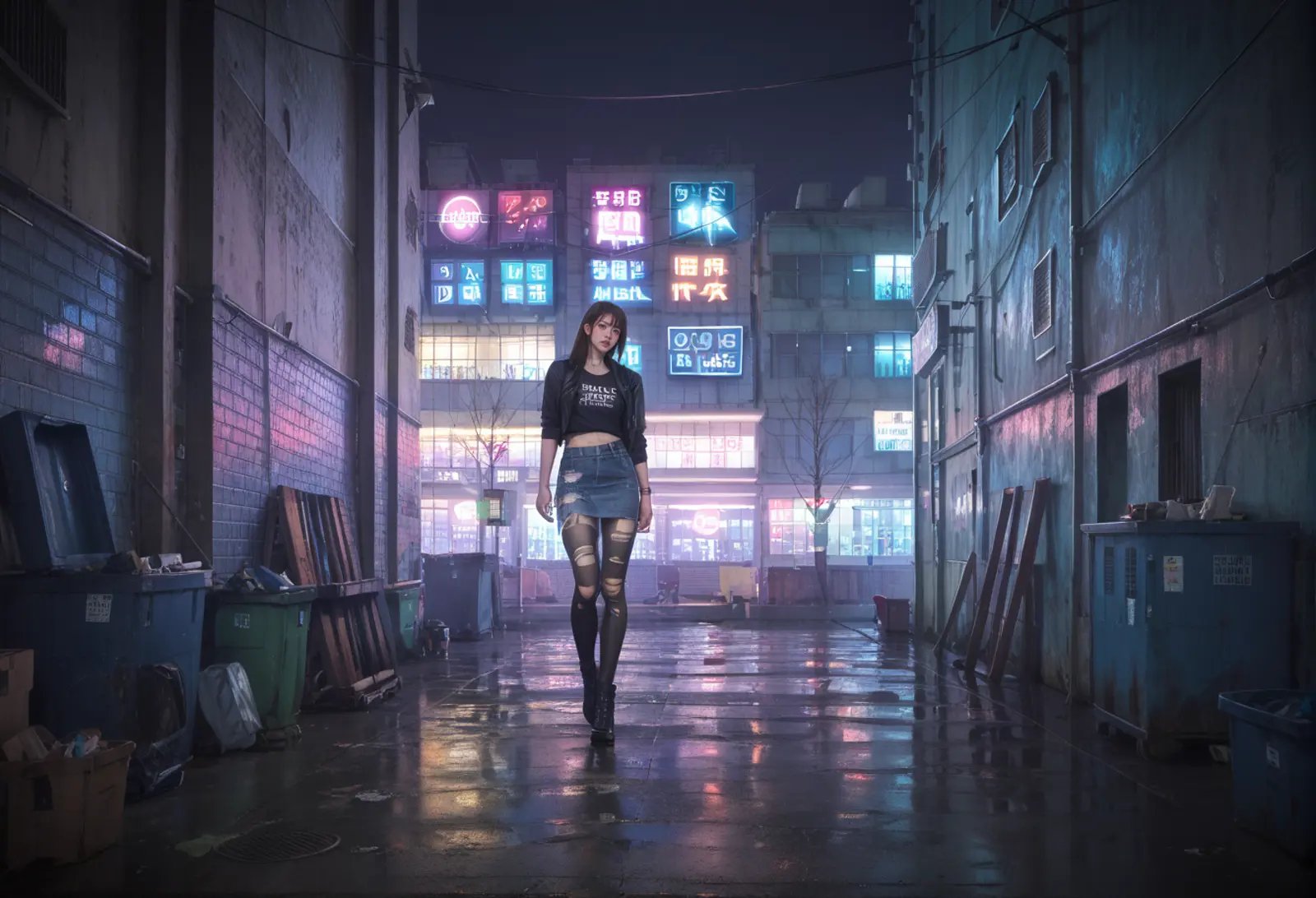 score_9,score_8_up,score_7_up,8k,,ruanyi0724,alley,power lines,neon lights,1girl,full body,torn clothes,torn pantyhose,torn skirt,<lora:0724 _Alley next to the city_v1_pony:0.8>