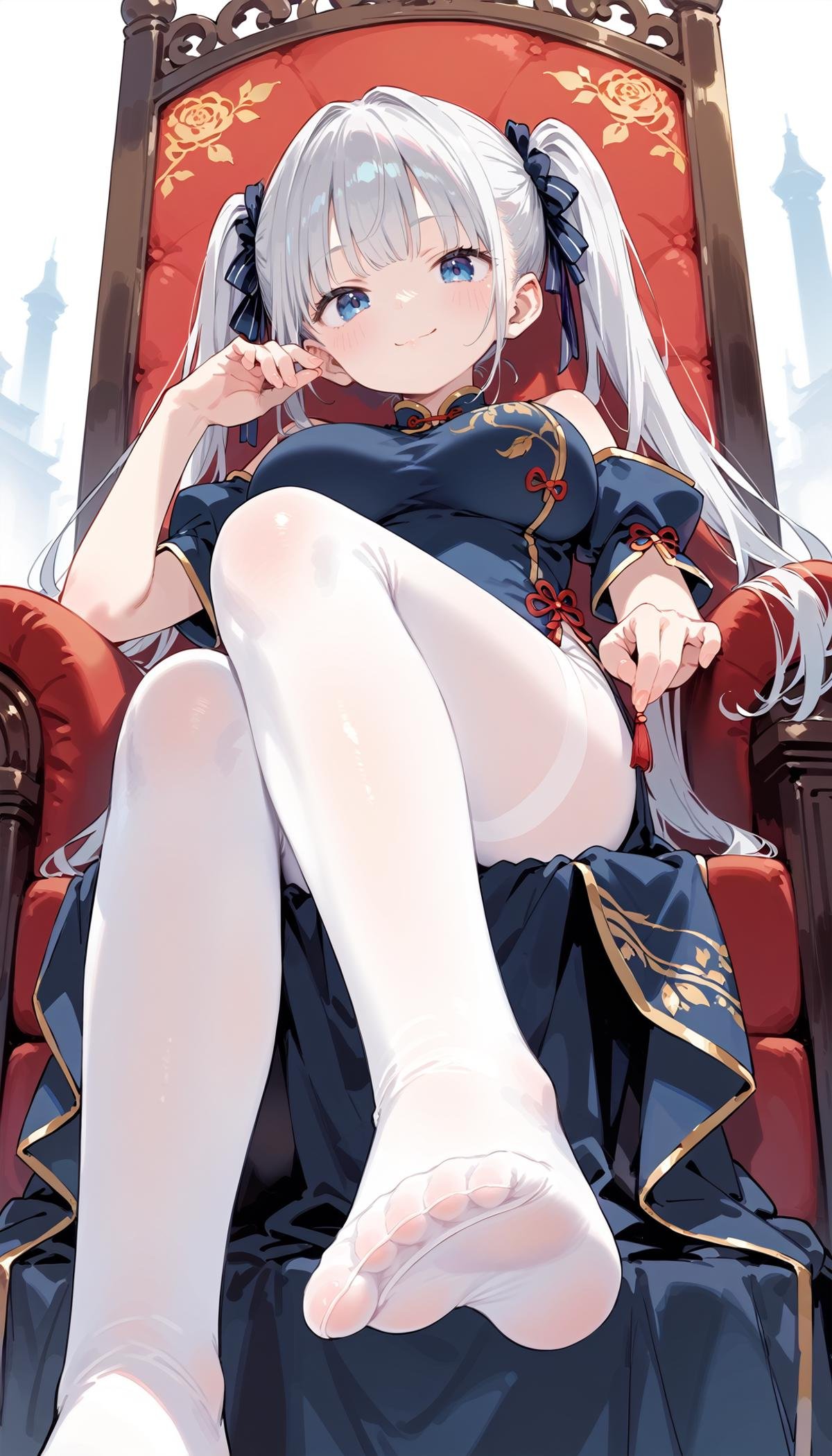 score_9, score_7_up, source_anime, BREAK1girl, silver twintail hair, blue eyes, sitting throne, chinese dress, from below, low-angle view, smug, white pantyhose, (sole:1.2), barefoot, crossed legs, large breasts,