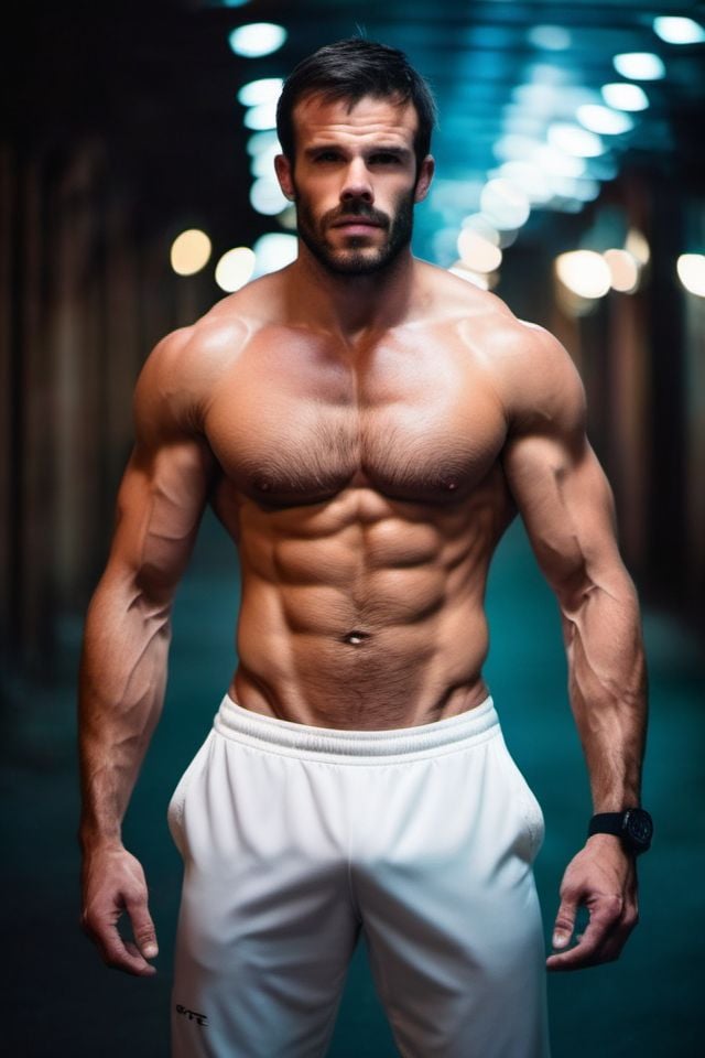 Charlie Weber a man ,  realistic photo in a worn ((skin-revealing skimpy erotic white tracksuit,  massive hairy pecs)) by...