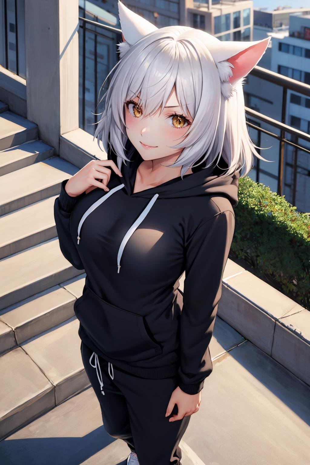 masterpiece, best quality, <lora:blkhanekawa-nvwls-v1-000009:0.9> blkhanekawa, short hair, cat ears, slit pupils, large breasts, black hoodie, black sweatpants, smile, from above, furrowed brow, city street, stairs