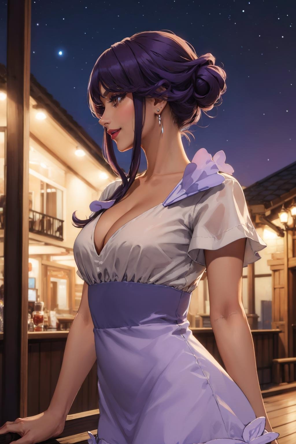 masterpiece, best quality,  <lora:tulip-nvwls-v1-000009:0.9> pkmnlip, brown eyes, dark skin, lipstick, earring, purple dress, short sleeves, cleavage, cowboy shot, smile, closed mouth, lips, profile, upper body, night sky