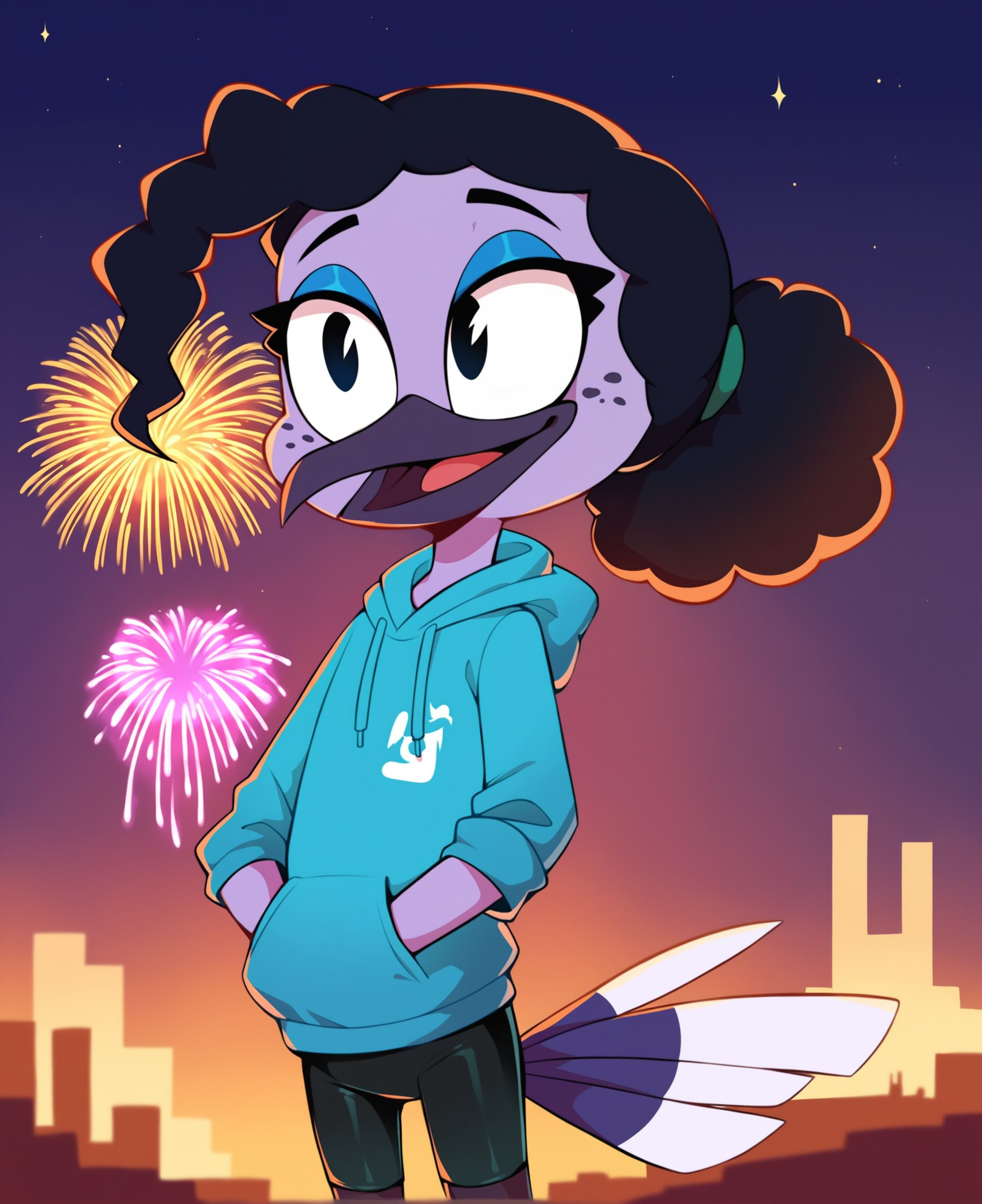 score_9, score_8_up, score_7_up, score_6_up, best quality, highres, source_furry, BREAK drocll BREAK1girl, female, solo, furry,outside, night, fireworks, cityscape, female, avian, hummingbird, long beak, violet sabrewing, young, child, purple skin, black hair, black eyes, curled hair, short hair, ponytail, wide eyed, black eyes, happy, freckles, blue eyeshadow, hoodie, hand in pocket, bike shorts <lora:Violet_Sabrewing:0.8>