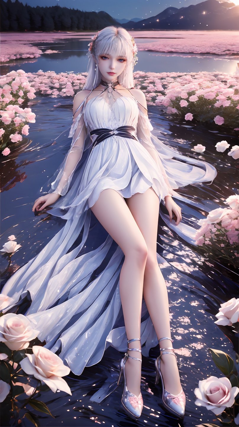 ((masterpiece)),((best quality)),wallpaper,ce,1girl,solo,breasts,white hair,long hair,bare shoulders,white dress,a slim figure,long hair,split long sleeves,dynamic_pose,night,madotsuki,starry_sky,strappy_heels,depth of field,facial polishing,delicate skin,reflective eye shadow,full_body,tanono,fluorescence,in a meadow,mizu,river,,,in_water,(lying:1.2),stenciled_rose,flower field,<lora:QYpifuV1:1>,<lora:玫瑰花场景-王导:0.6>