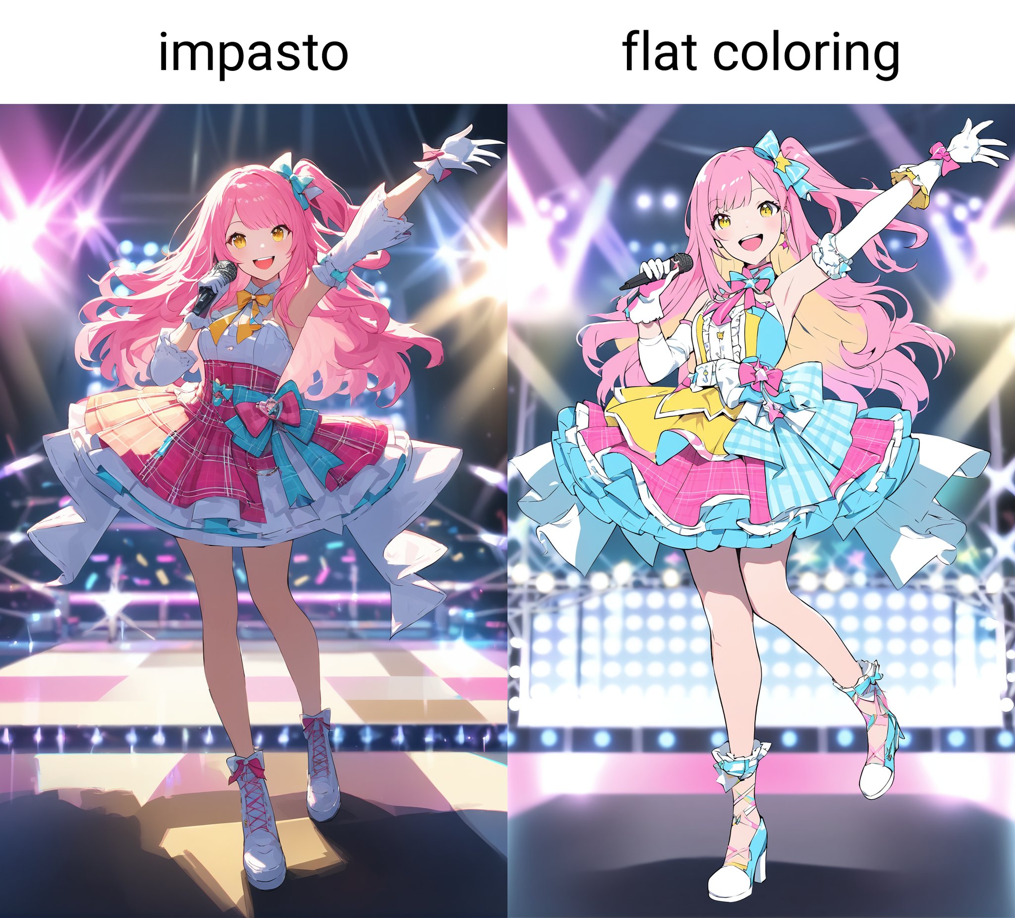 masterpiece,impasto,1girl,pink hair,long hair,solo,open mouth,idol,dress,stage,gloves,arm up,smile,looking at viewer,white gloves,skirt,detached sleeves,yellow eyes,stage lights,standing,full body,bow,blurry,microphone,one side up,plaid,virtual youtuber,upper teeth only,teeth,