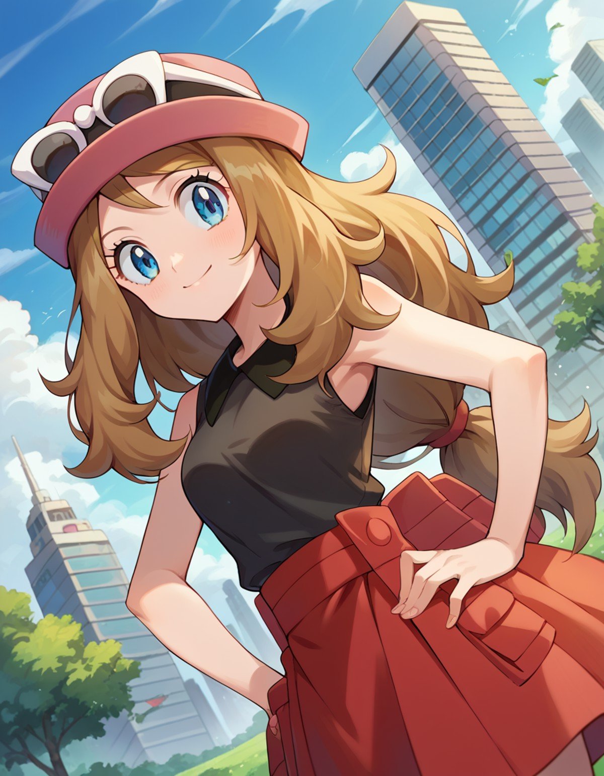 score_9, score_8_up, score_7_up, source_anime,pokemonserena, <lora:pokemon-serena-ponyxl-lora-nochekaiser:1>serena, long hair, blue eyes, brown hair, smile,eyewear on head, hat, skirt, sunglasses, shirt, black shirt, sleeveless, red skirt, pink hat,outdoors, cityscape,looking at viewer, cowboy shot, dutch angle,