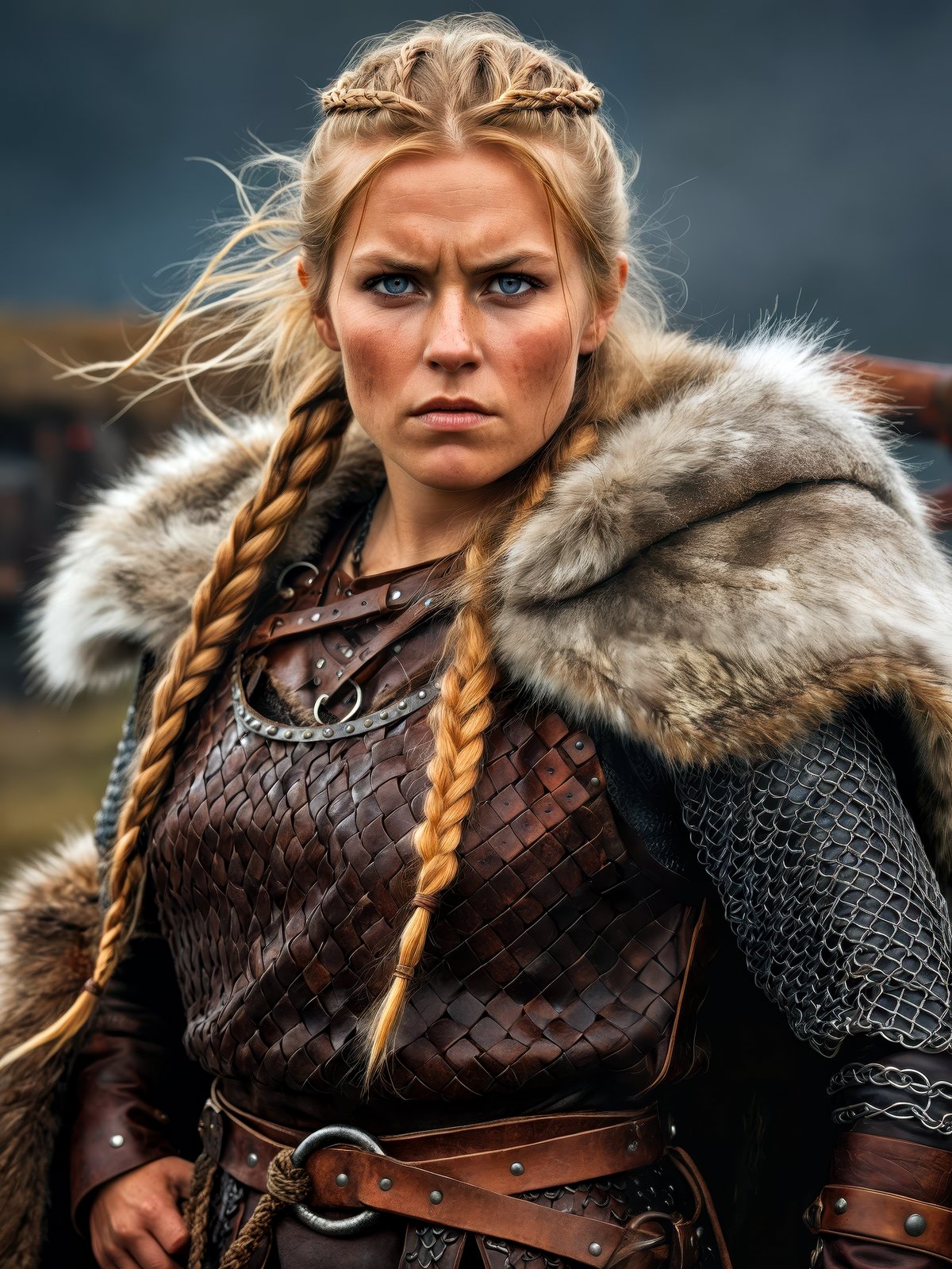 A high-resolution photograph of a Viking woman warrior, traditional Viking armor, leather tunic, chainmail, fur cloak, The overall mood is intense and adventurous, capturing the spirit of the Viking age, high-resolution, Viking warrior, traditional armor, intense, adventurous