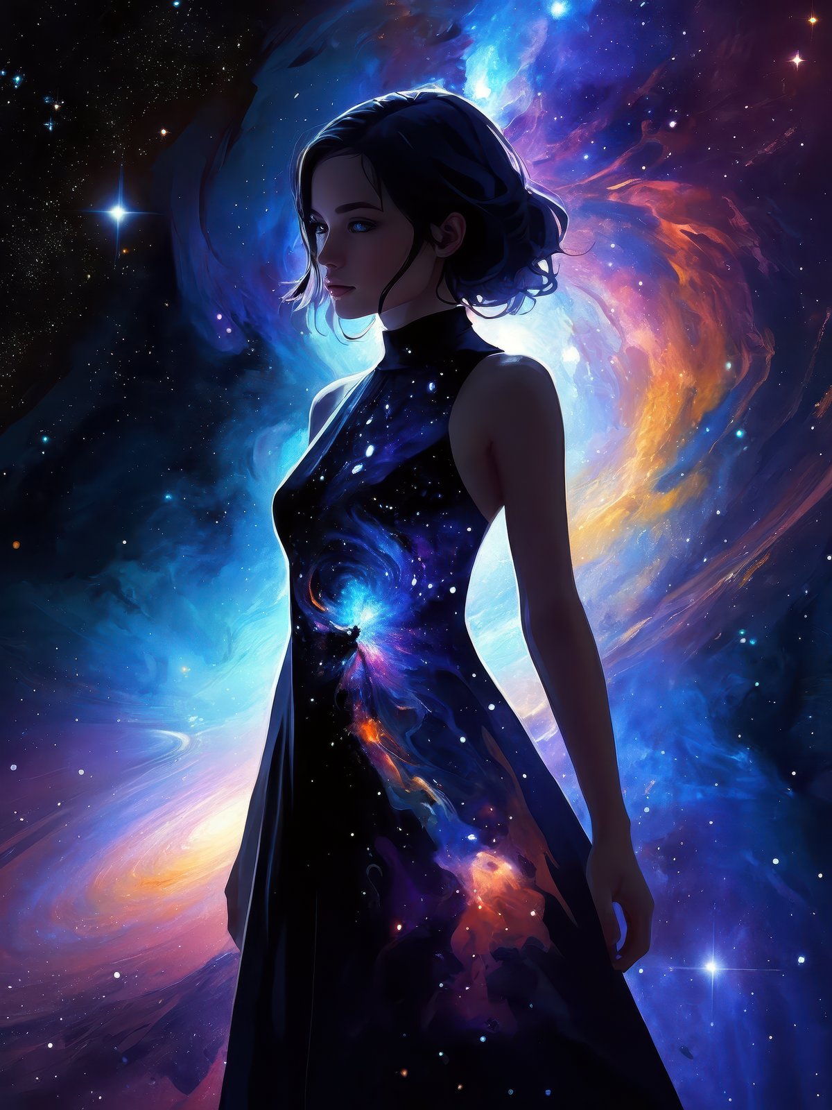 1girl, solo, looking at viewer, (abstract art:1.3), (dark theme:1.2), art, stylized, deep shadow, dark theme, cosmic dress, cosmic beauty, in space, nebula