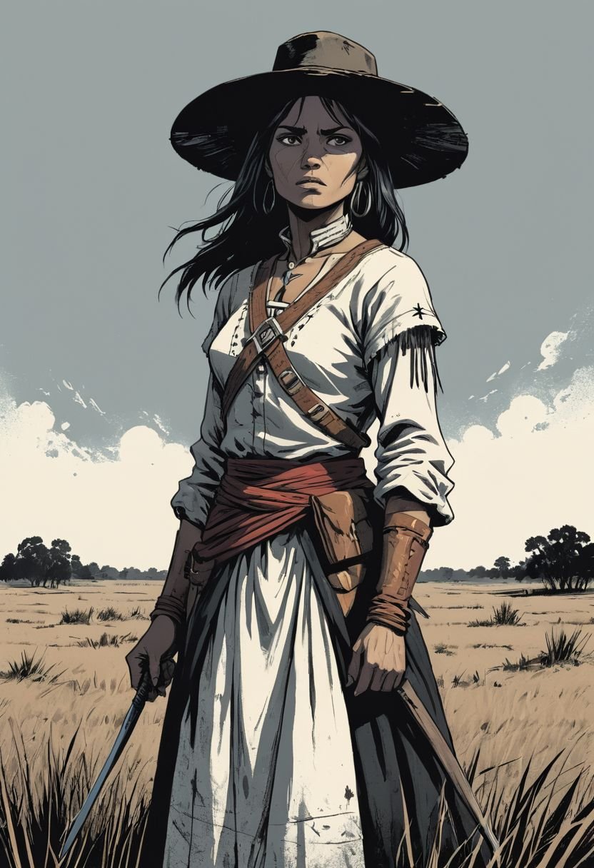 woman cheyenne, High contrast, minimalistic, colored black and grungy white, stark, dramatic, graphic novel illustration, cross hatching, seminole war, traditional outfits, landfields