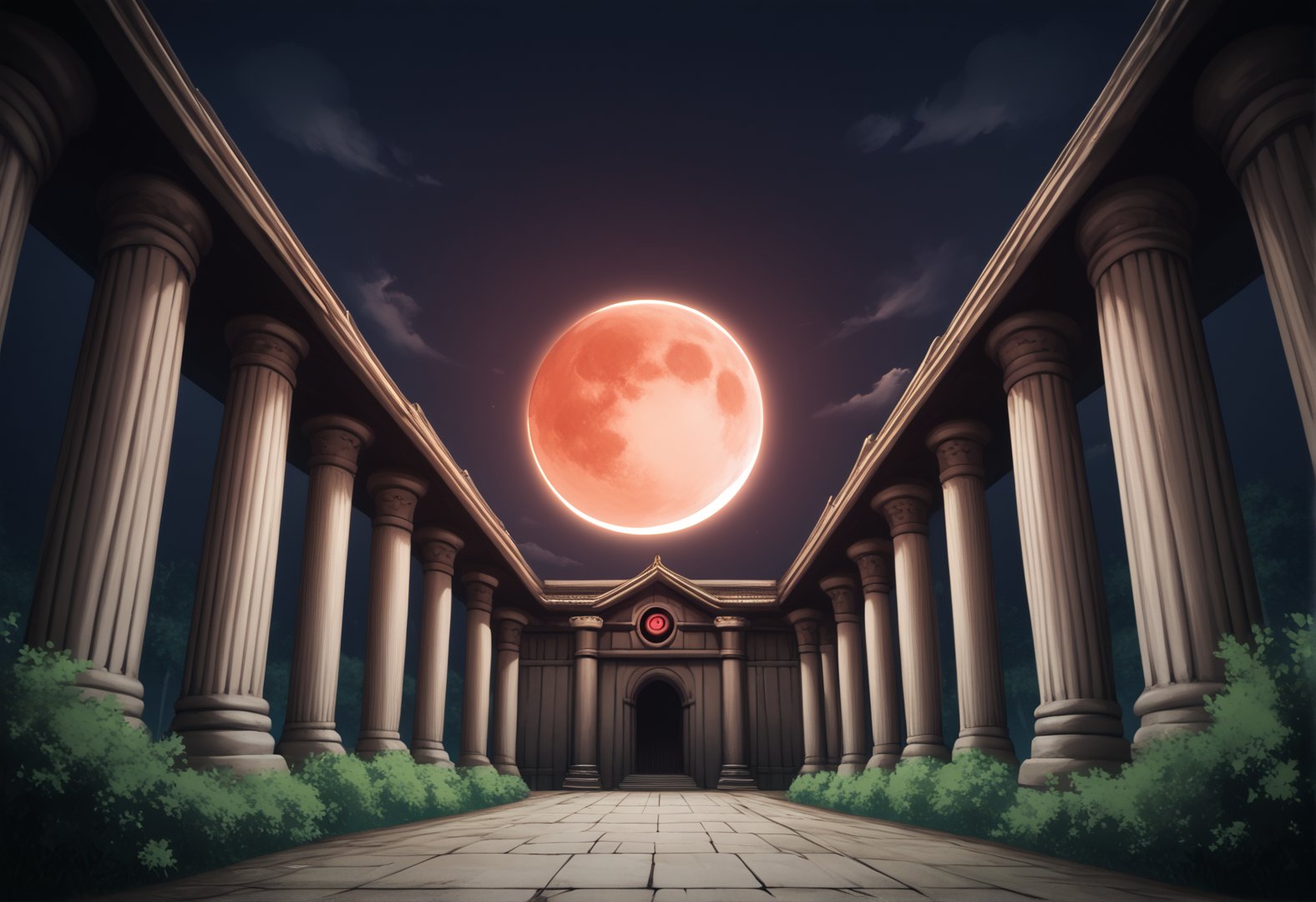 score_9, score_8_up, score_7_up, BREAK source_anime, Otherworldly, Cinematic, Ominous mountain, blood red moon, forest, eclipse, dark clouds, high contrast, pillar, eyes watching, Japanese temple, symmetrical digital illustration, over detailed art, music album art, Creepy, no humans