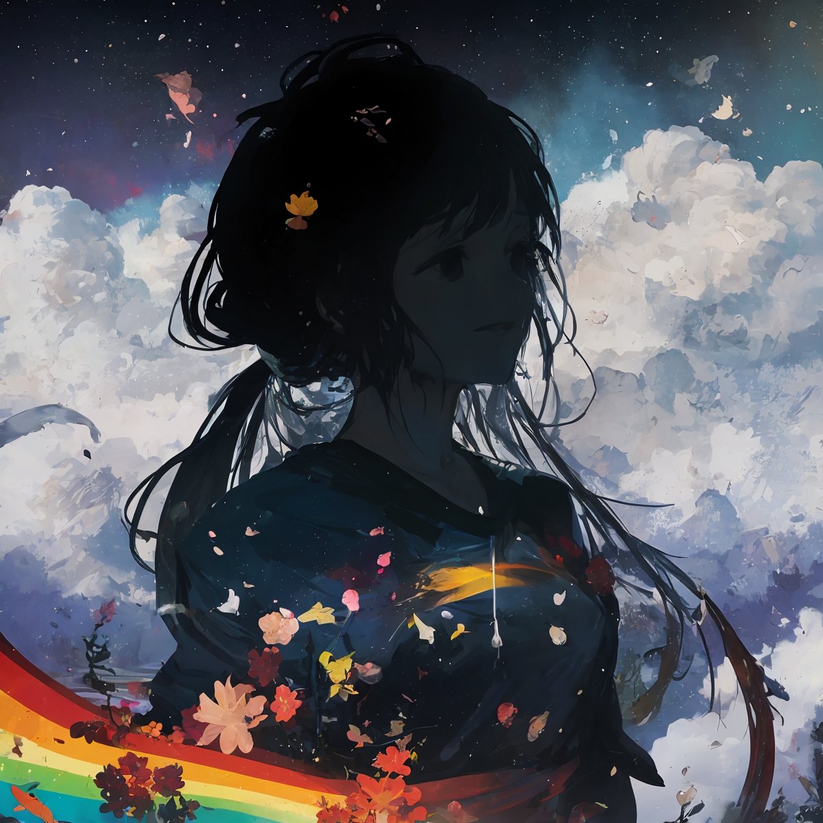 1girl, flowers, leaf, swirling mist, rainbow mist, dripping, traditional texture, (silhouette:1.3), rainbow:1.3, nebula, clouds, moon, meteor shower, post impressionism