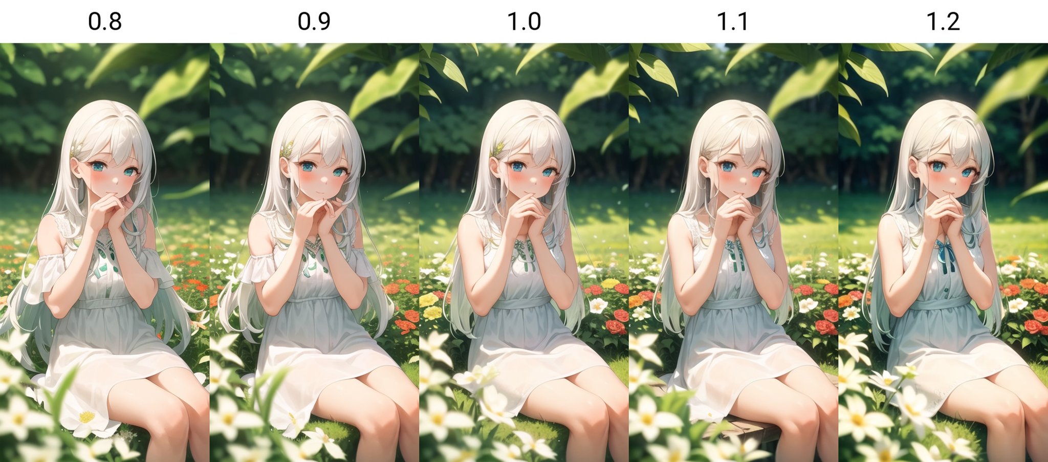 (masterpiece,  best quality),  1girl with long white hair sitting in a field of green plants and flowers by miaomiao on Te...
