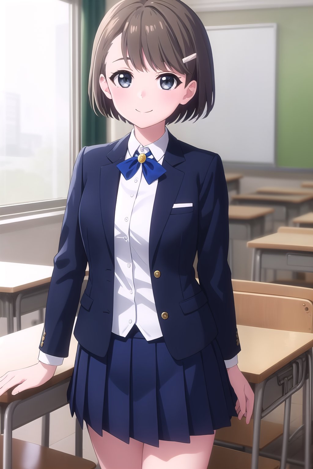 (masterpiece, best quality), highly detailed background, perfect lightingbest quality, onomami, solo, indoors, classroom, brown hair, swept bangs, hairclip, short hair, grey eyes, medium breasts, blue jacket, blazer, long sleeves, neck ribbon, blue ribbon, white shirt, collared shirt, blue skirt, pleated skirt, school uniform, smile, closed mouth, :), <lora:Ono-Mami:0.7>