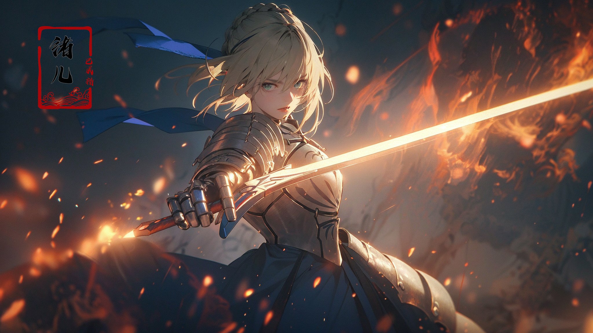 artoria_pendragon_\(fate\), sword, weapon, saber, holding_sword, armor, blurry, solo, blurry_foreground, depth_of_field, holding_weapon, braid, blurry_background, gauntlets, ahoge, blonde_hair, hair_ribbon, blue_ribbon, glowing_weapon, green_eyes, holding, glowing_sword, fire, ribbon, sparks, excalibur_\(fate/stay_night\), looking_at_viewer，Epic CG masterpiece, hdr,dtm, full ha,8K, ultra detailed graphic tension, dynamic poses, stunning colors, 3D rendering, surrealism, cinematic lighting effects, realism, 00 renderer, super realistic, full - body photos, super vista, super wide Angle, HD，(Blue smoke enveloped the body:1.5)，(solo focus:1.7)，Saber，1girl, In hand sword，blue dress，Blue bow，gorgeous armor，platinum blonde hair，close-up,(imid shot,macro shot:1.25),(Detailed face description),(Detailed hair description),(Detailed clothes description),A shot with tension，(sky glows red,Visual impact,giving the poster a dynamic and visually striking appearance:1.2),