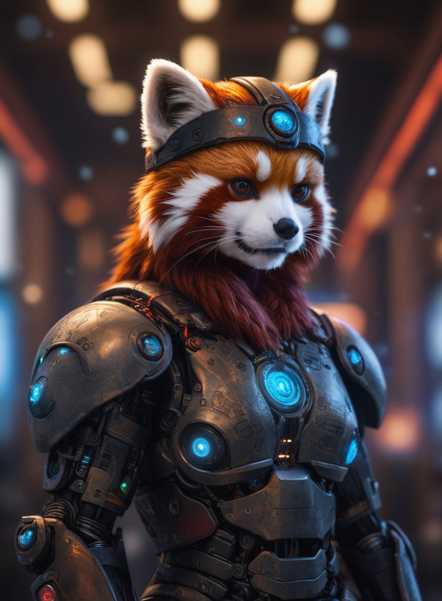 cyberpunk viking red panda with robotic parts, epic background, glowing runes, high quality photography, 3 point lighting, flash with softbox, 4k, Canon EOS R3, hdr, smooth, sharp focus, high resolution, award winning photo, 80mm, f2.8, bokeh