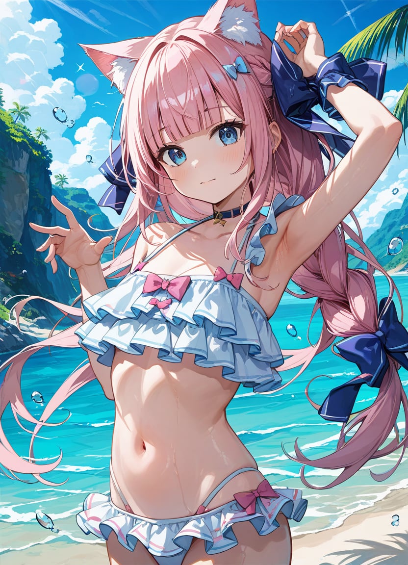 score_9, score_8_up, score_7_up ,source_anime masterpiece, best quality, perfect anatomy , very aesthetic , official art,BRAKE1girl, solo, animal ear fluff, armpits, bikini, blue bow, blunt bangs, bow, single braid, pink hair, choker, closed mouth, frilled bikini, frills,  hair ribbon, long hair, looking at viewer, off shoulder, outdoors, pink bow, purple ribbon, blue eyes, ribbon, swimsuit, white bikini ,contrail , cumulonimbus cloud,  blue sky 