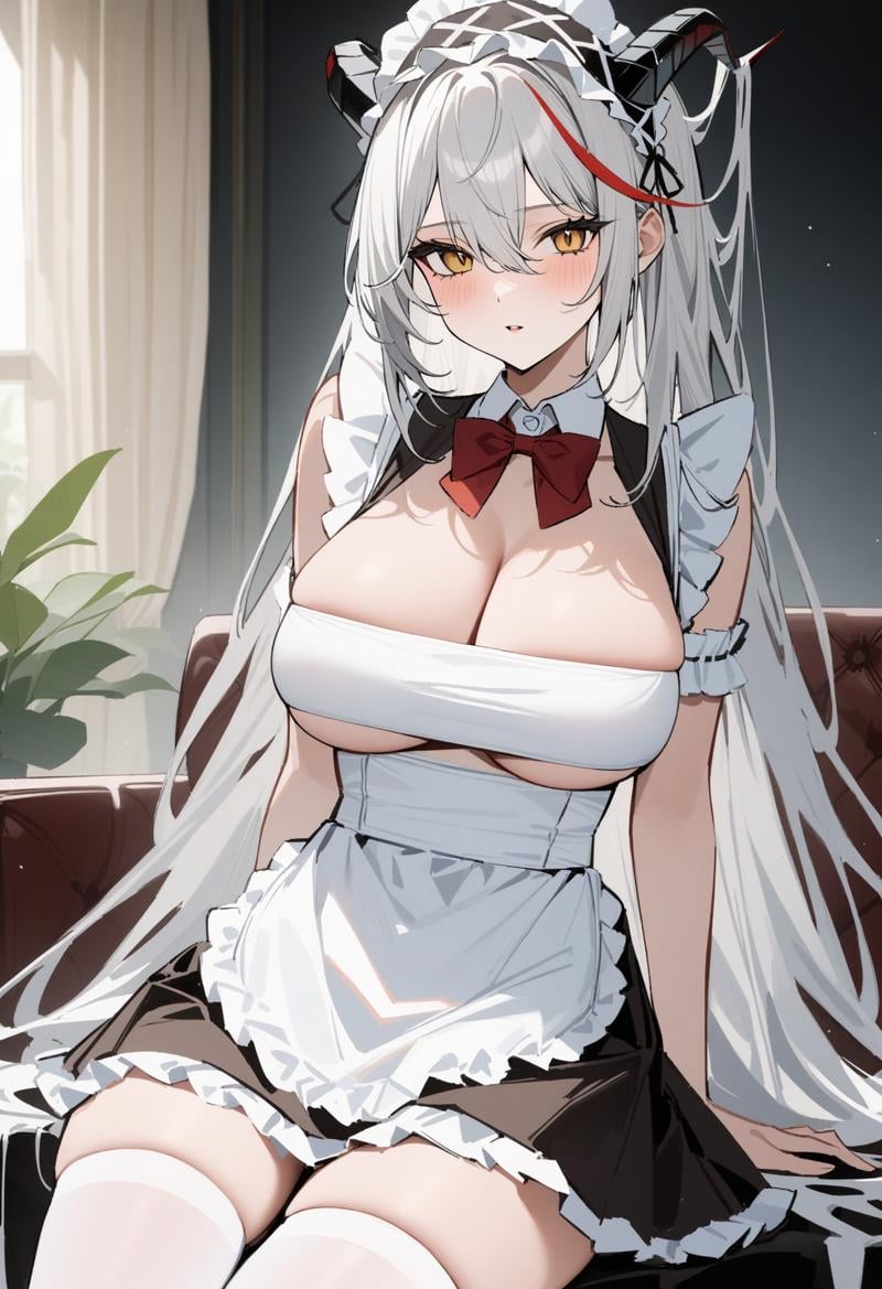 masterpiece, best quality, very aesthetic, absurdres, highres, newest, sensitive, 1girl, solo, long hair, breasts, looking at viewer, large breasts, thighhighs, dress, bow, cleavage, hair between eyes, sitting, very long hair, yellow eyes, white hair, red hair, multicolored hair, frills, horns, bowtie, apron, red bow, white thighhighs, official alternate costume, streaked hair, maid, maid headdress, demon horns, red bowtie, white apron, maid apron, frilled apron, aegir \(azur lane\), iron blood's dragon maid, <lora:aegir2-SDXL:0.6>