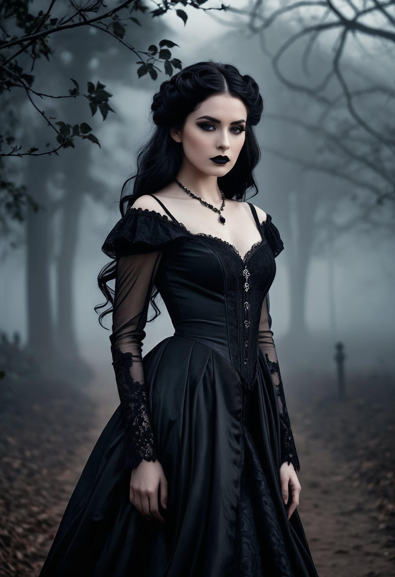 A photorealistic portrayal of a gothic beauty, featuring a 1girl with long flowing black hair, dressed in an elegant black Victorian-style dress. She has dark smokey eye makeup and deep black lipstick, contrasting against her pale skin. The scene captures a haunting gaze in a dramatic pose, set against a misty background with cinematic lighting. The image is rendered with ultra-detailed, high contrast, and a moody atmosphere, in 8k resolution.