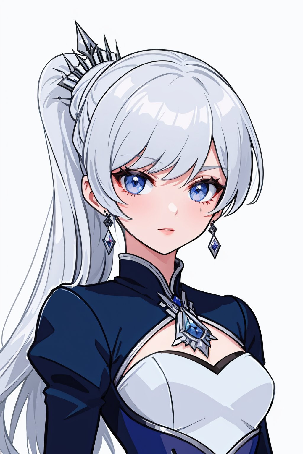 masterpiece,best quality, highly detailed, weiss schnee,1girl,solo,scar across eye,looking at viewer,earrings,scar on face<lora:weiss_schnee:1>,simple background,white background