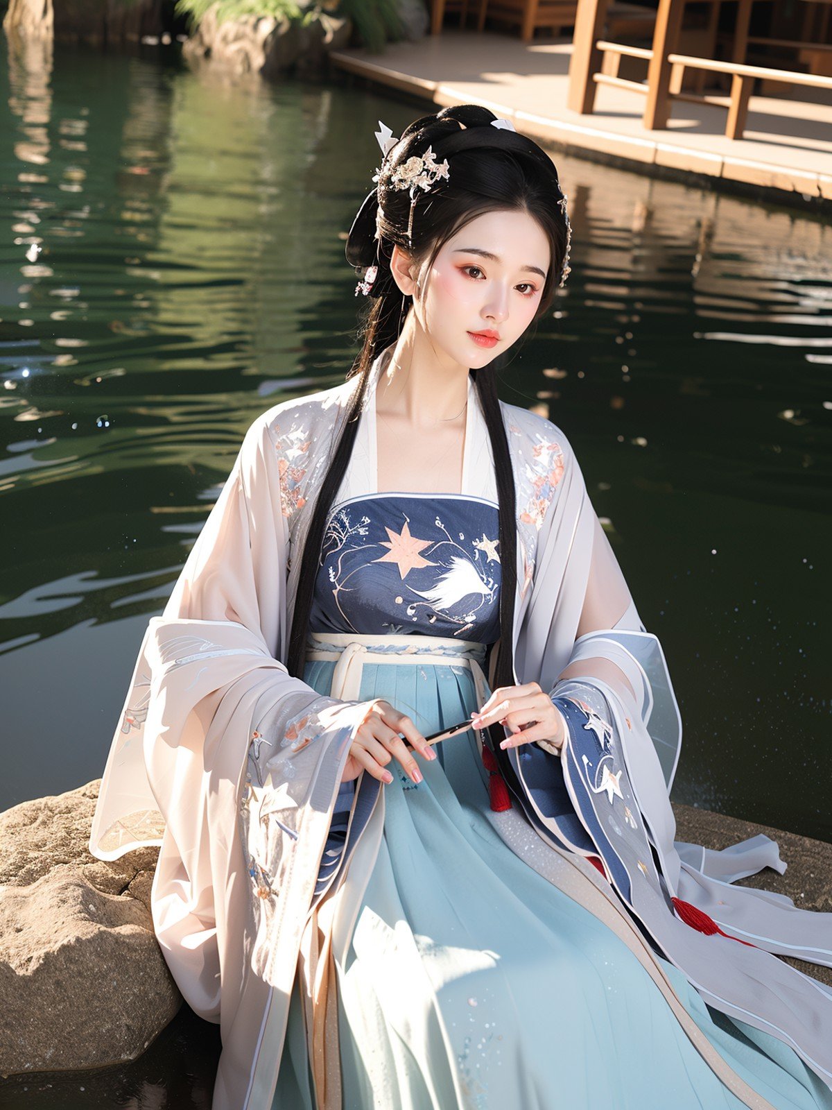 The night sky is adorned with stars,and the lake mirrors their brilliance. The Hanfu maiden sits on a stone by the lakeside,her sleeves embroidered with silver star patterns. She gazes at her reflection in the water,the starlight shimmering on its surface. Pine trees along the shore cast long shadows,creating a harmonious interplay with the celestial display.,