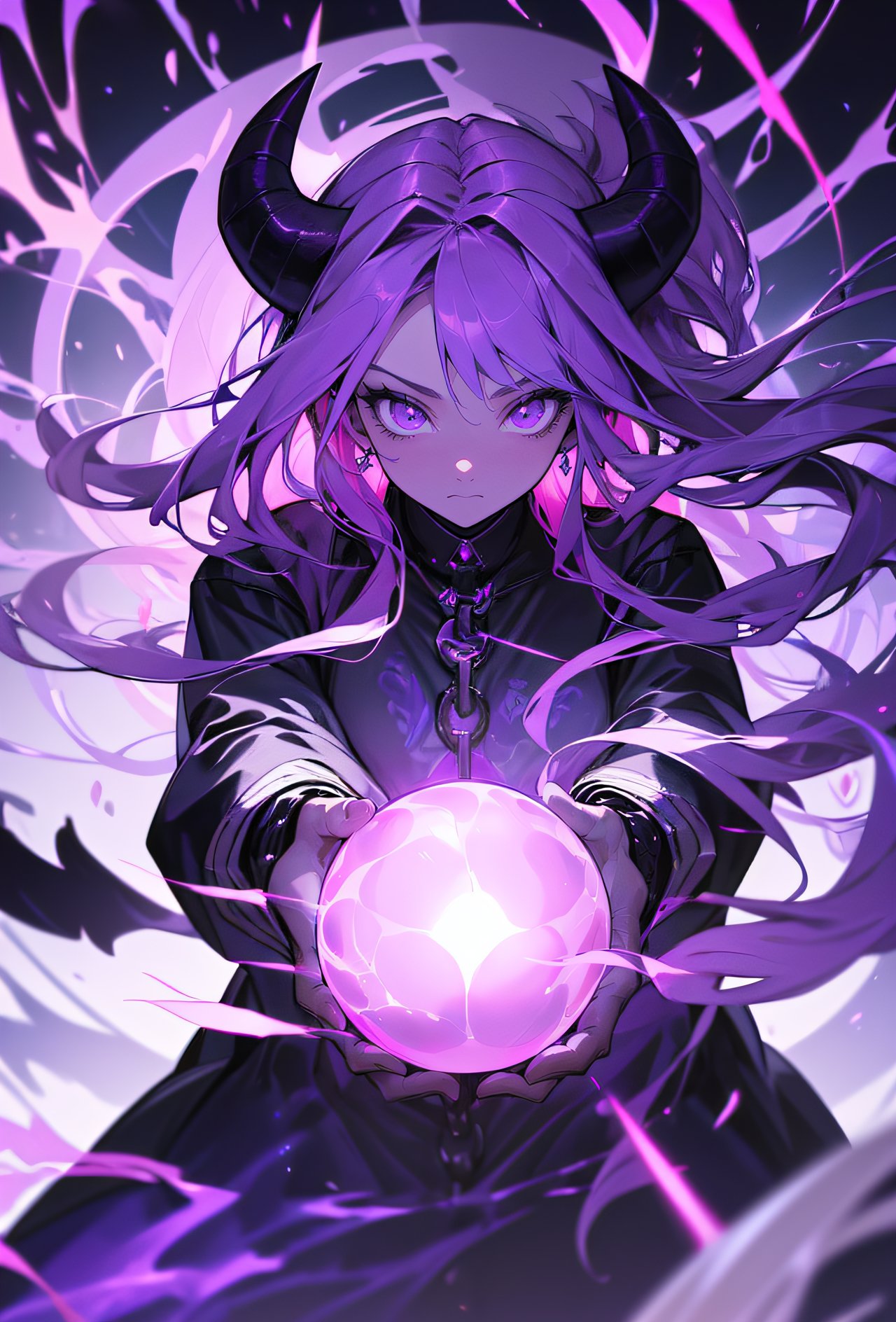 1girl, (casting a spell with a big energy purple ball in the middle of the image), demon, fighter, horns, chains, purple fire, pink energy around the head, (masterpiece, best quality, hires, high quality, by professional artist, ultra detailed, extremely detailed, absurdres, incredibly resolution:1.2), nice hands, perfect hands,  <lora:GoodHands-vanilla:1>