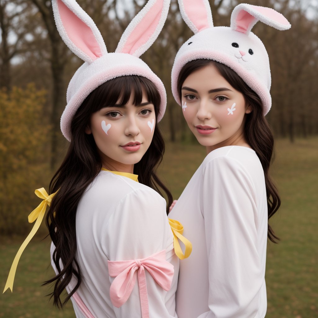 A Bunny woman,in a bunny coustume pink hat white paint face painted face,yellow ribbon trees in background,photorealistic<lora:EMS-432033-EMS:1.000000>