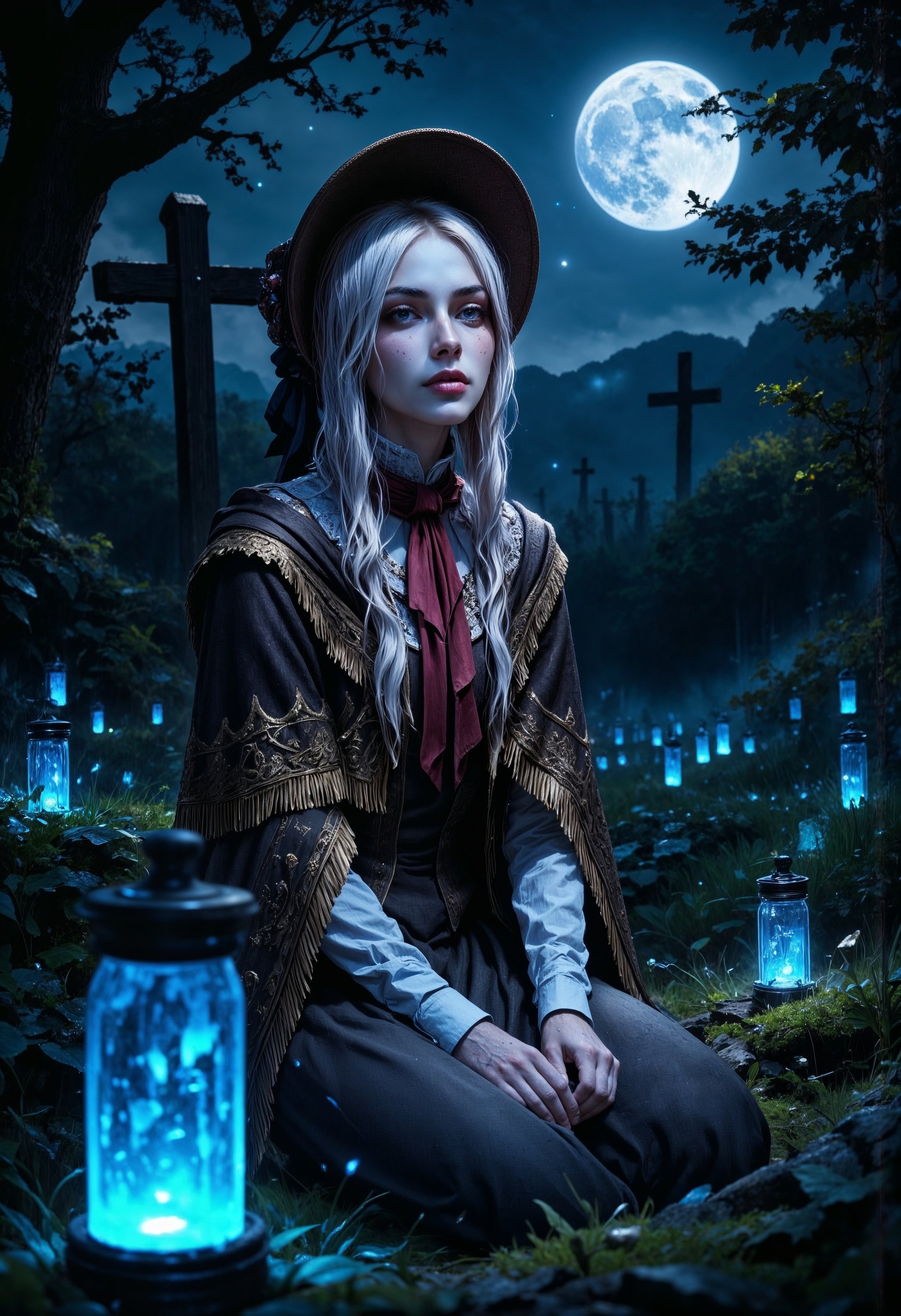 masterpiece, ultra realistic,  a beautiful PlainD0ll sitting in a graveyard under the moon, ghosts and spirits hovering around, blue lanterns fill the ground, the PlainD0ll has piercing blue eyes, silver hair, and pale skin with freckles, particles glow in the dark, moonlight, HD32K, wallpaper, hyperdetailed, mythp0rt <lora:FluxPlainDoll:0.9> <lora:FluxMythP0rtr4itStyle:0.7> <lora:aidmaGLOWV4wc:0.5> aidmaGlow <lora:aidmaMJ6.1:0.5> aidmaMJ6.1 <lora:aidmaHyperrealism:0.5> aidmaHyperrealism <lora:fluxenhancer:0.5>