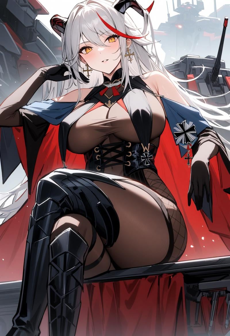 masterpiece, best quality, very aesthetic, absurdres, highres, newest, sensitive, 1girl, solo, long hair, breasts, large breasts, gloves, bare shoulders, jewelry, sitting, yellow eyes, white hair, red hair, multicolored hair, earrings, boots, horns, black gloves, elbow gloves, cape, two-tone hair, streaked hair, knee boots, crossed legs, cross, demon horns, underbust, black cape, rigging, bodystocking, cross-laced clothes, iron cross, cross earrings, asymmetrical footwear, breast curtains, non-humanoid robot, hair on horn, aegir \(azur lane\), default, <lora:aegir2-SDXL:0.6>