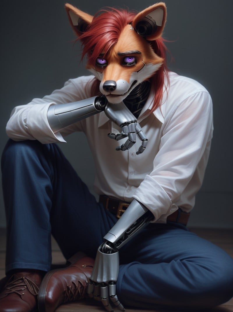 score_9, score_8_up, score_7_up, photorealistic, high quality, raw photo, male, furry fox, red hair, purple eye, sad and crying, white tear, robot, android, animatronic, white shirt, pants, boot, pirate