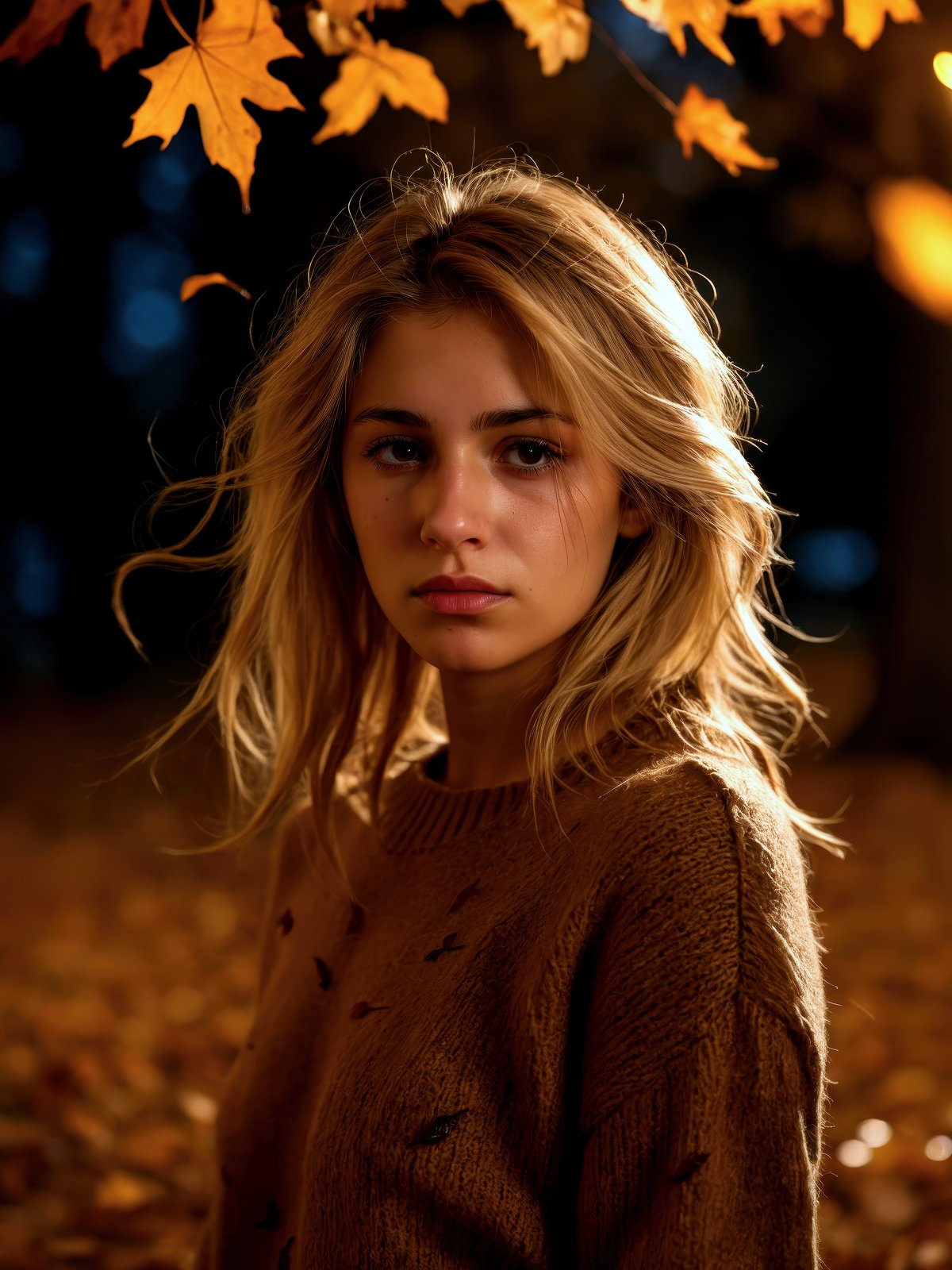 High detail RAW color photo professional photograph of a young Catalonian woman, mournful expression, (autumn park with falling leaves), (perfect dirty blonde quin tails hair), Wool sweater with silk shorts, close-up, under candlelight, negative space, shot on a Canon EOS 5D